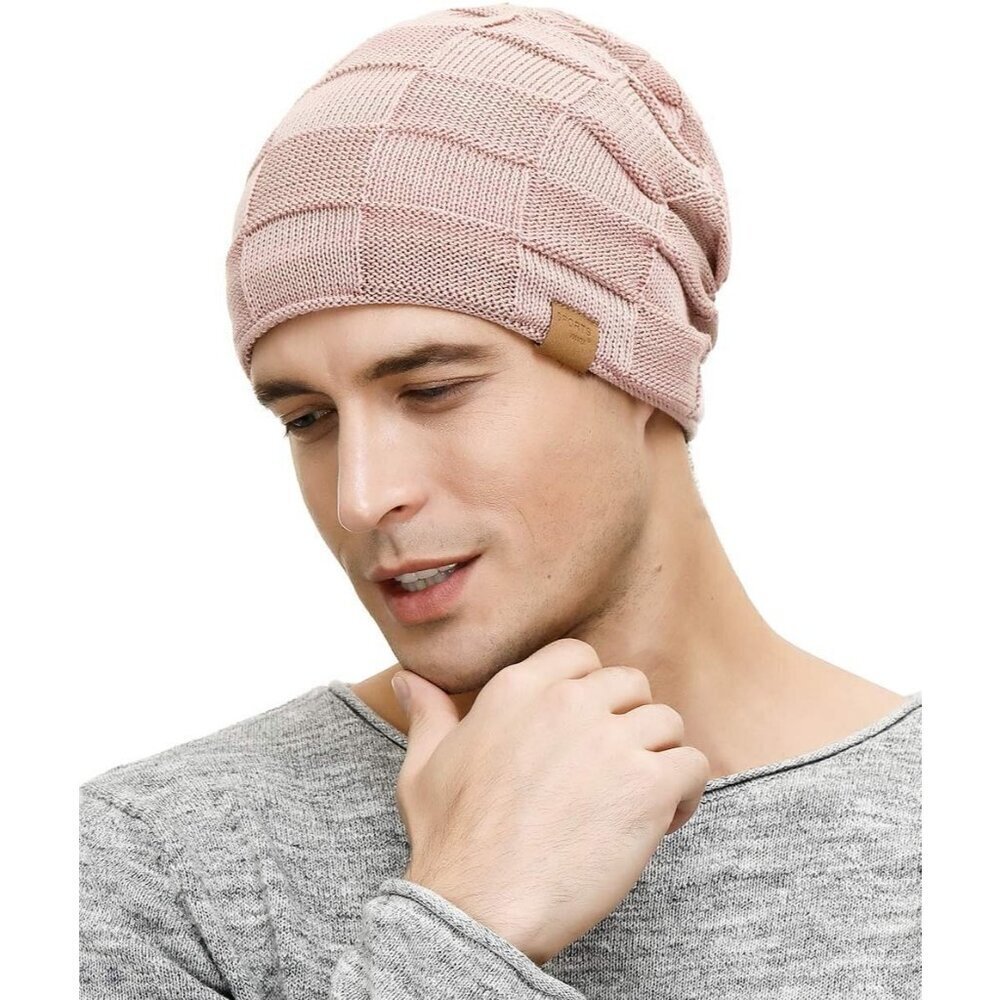 Men’s pink Winter Beanies Knit Hats Lined Thick Warm Stocking Cap for Guys - Picture 4 of 6